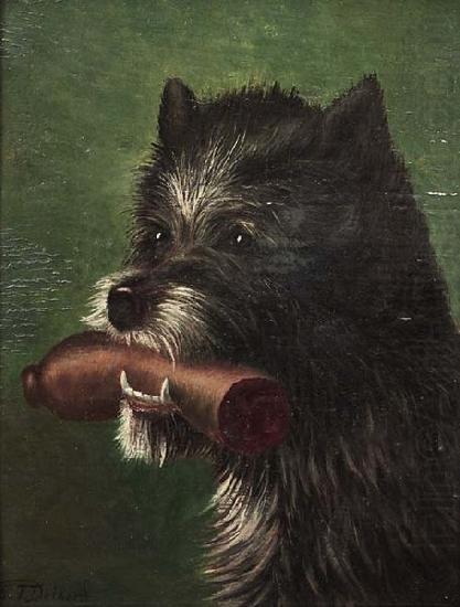 Hundeportrat mit Wurst im Maul, Carl Friedrich Deiker